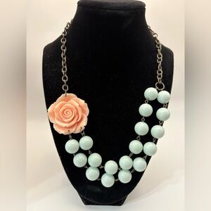 Elegant Floral Resin Necklace with Pink Rose and Blue Beads